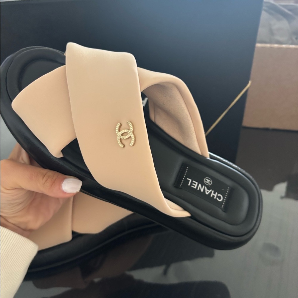 Chanel Cream and Black Slide Sandals with Metallic Logo